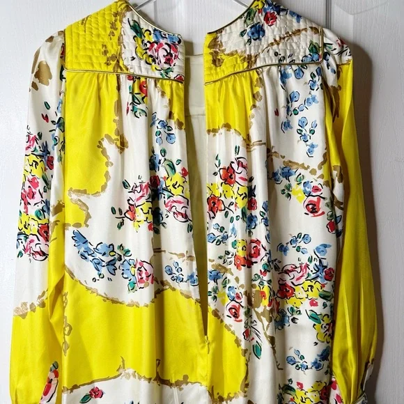 TORY BURCH Silk Quilted Yoke Yellow Floral Silk Midi Dress Size 4 - Picture 8 of 16